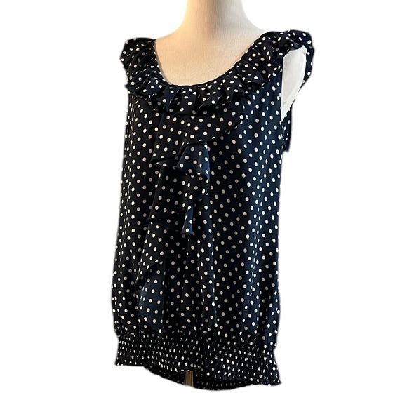 MILANO RUFFLED NECKLINE SHIRRED HEM CHIFFON BLOUSE BLUE WHITE SIZE LARGE - Picture 1 of 13